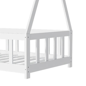 English Elm Floor Bed Cream White Montessori House Frame for Kids with Guardrail Tent Play Space, Solid Wood W2992S00006