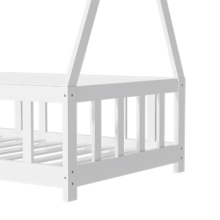 English Elm Floor Bed Cream White Montessori House Frame for Kids with Guardrail Tent Play Space, Solid Wood W2992S00006