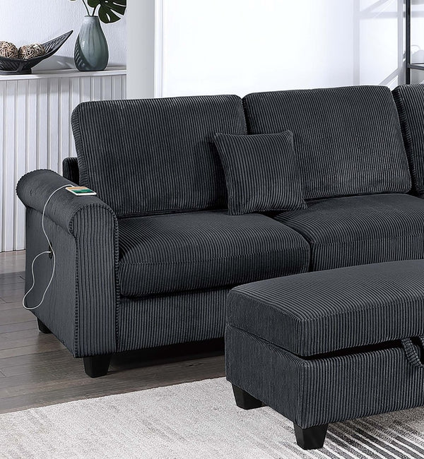 English Elm Contemporary Corduroy Sectional Set with Storage Ottoman and Built-in Usb Port B011S02229
