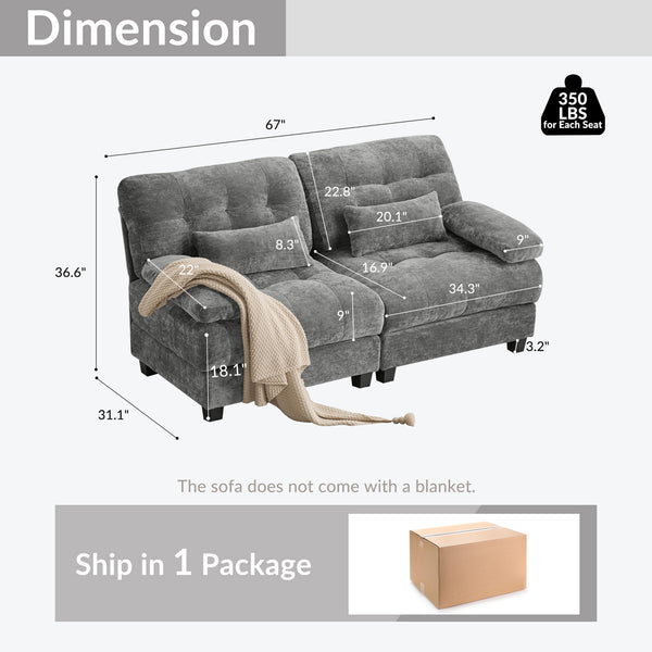English Elm 67" Loveseat with 4-Position Recline, Plush Chenille Upholstery, 350lb/Seat Capacity, 2 Pillows, Easy Setup Gray W2606P359227