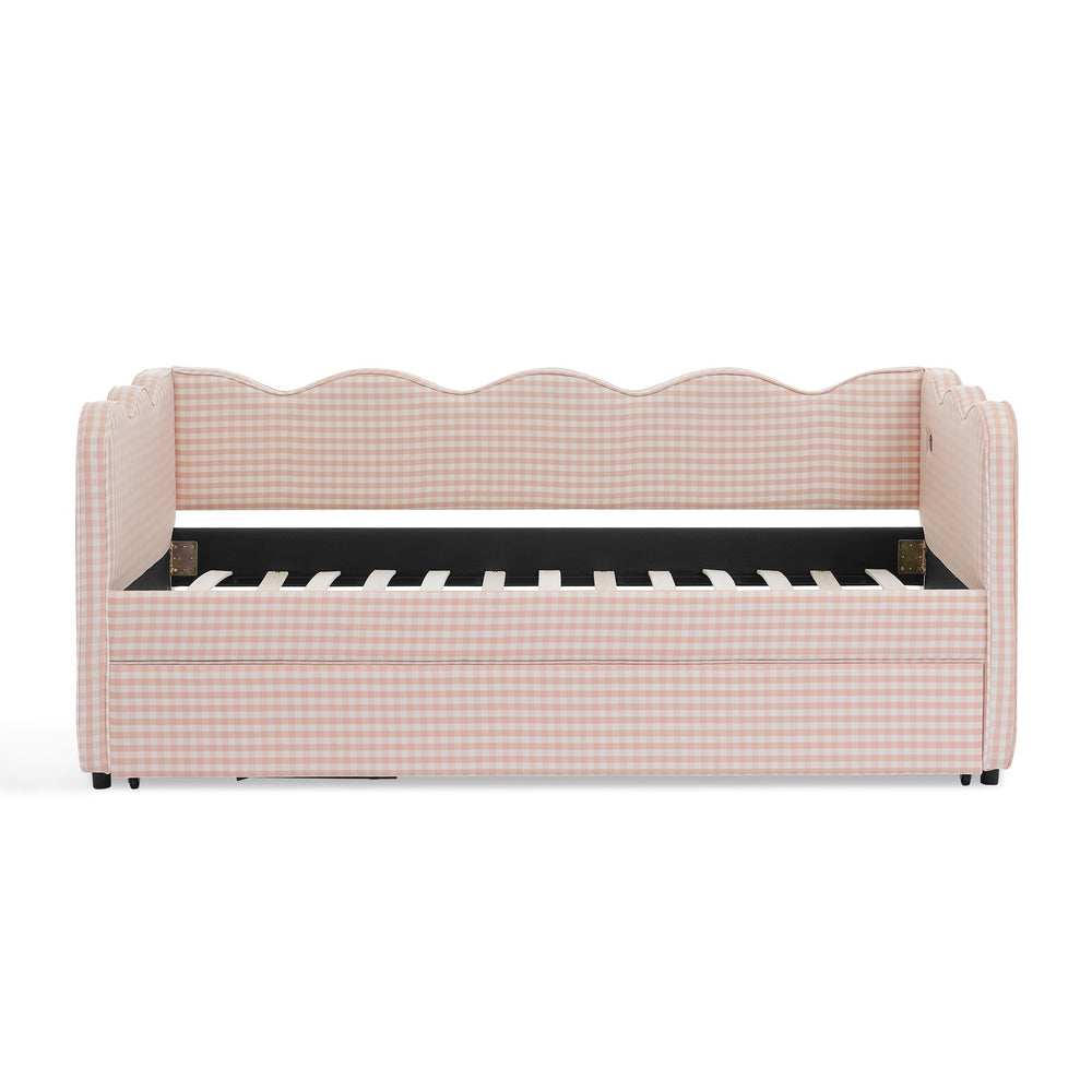 English Elm Cozy Twin Gingham Daybed with Trundle Sofa Bed, Linen Upholstery, USB Port, Wave Frame Design Pink W1413S00099
