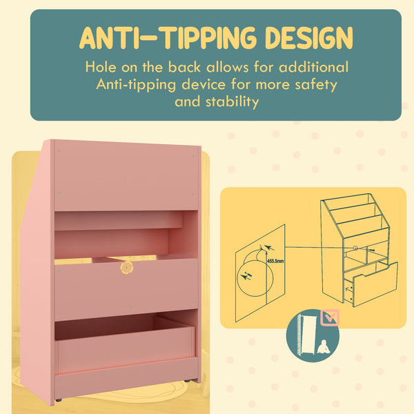 English Elm HOMCOM Kids Bookcase with Drawer & Anti-Tip Design, 3-Tier Shelf Organizer for Toys & Books Pink W2225P217324
