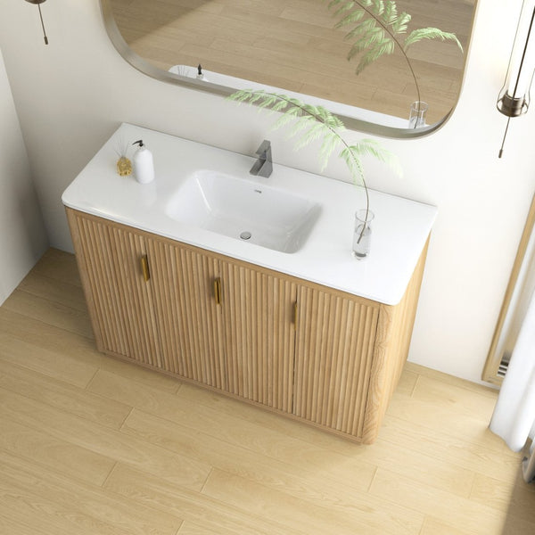 English Elm 48 Inch Freestanding Vanity Natural Wood Grain Four Door Storage Gold Pulls Ceramic Sink W3235S00006
