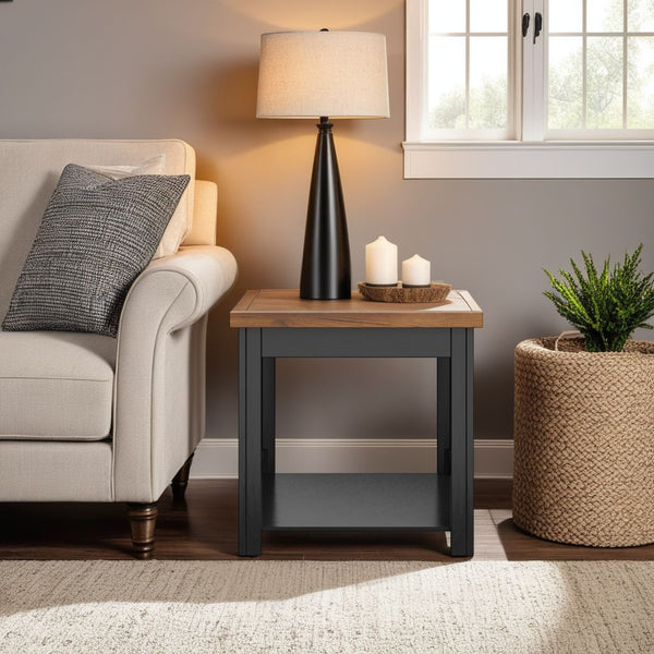 English Elm 24 inch Rustic Farmhouse Side Table Fully Assembled in Black & Whiskey Two-Tone Finish, Shelf Included B108P160148