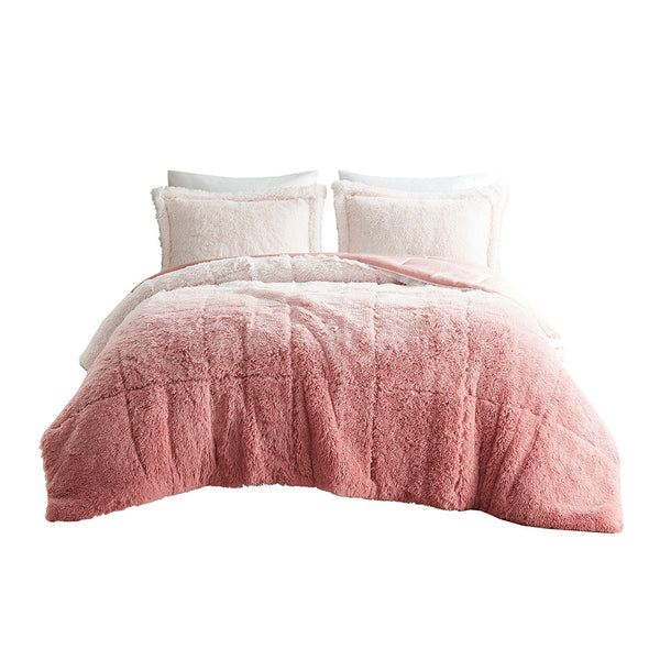 JLA Home Intelligent Design - Ombre Plush Shaggy Faux Fur Comforter Mini Set — Ultra-Soft Ombre Texture with Hypoallergenic Fill, Machine Washable Blush ID10-2145