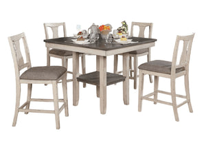 English Elm Dining Rustic Country Counter Height 5pc Dining Set with Plank Table, Open Shelf & Padded Chairs Antique White+Gray,Gray 45 L x 45 W x 21 H B2741P301879