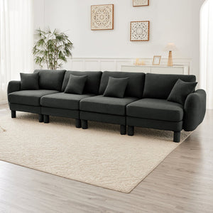 English Elm Boucle 4-Seater Sofa Couch With Sculptural Shell Armrests & Soft Dark Grey Fabric For Elegant Comfort W3041S00303