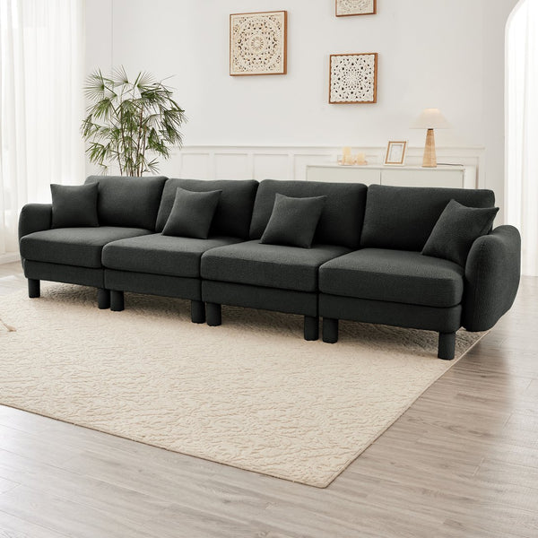 English Elm Boucle 4-Seater Sofa Couch With Sculptural Shell Armrests & Soft Dark Grey Fabric For Elegant Comfort W3041S00303