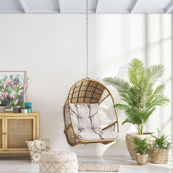 English Elm Christopher Knight Home® - GREYSTONE Hanging Chair with 8ft Chain — Wicker Faux Rattan Basket, Water-Resistant Beige Cushions, Indoor/Outdoor Comfort 70788.00LBGE