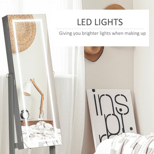 English Elm HOMCOM Lockable Floor Jewelry Armoire with LED Lights, Full-Length Mirror, 100+ Slots & Shelves Grey W2225P217022