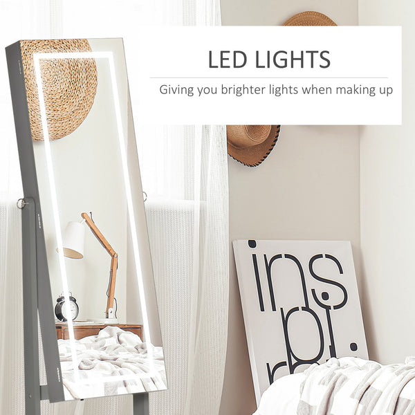 English Elm HOMCOM Lockable Floor Jewelry Armoire with LED Lights, Full-Length Mirror, 100+ Slots & Shelves Grey W2225P217022