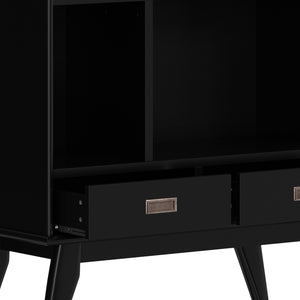 English Elm Draper Mid-Century Wide Bookcase & Storage Unit — Solid Rubberwood Black Finish, 6 Shelves, 2 Drawers, Anti-Tip B136P238616