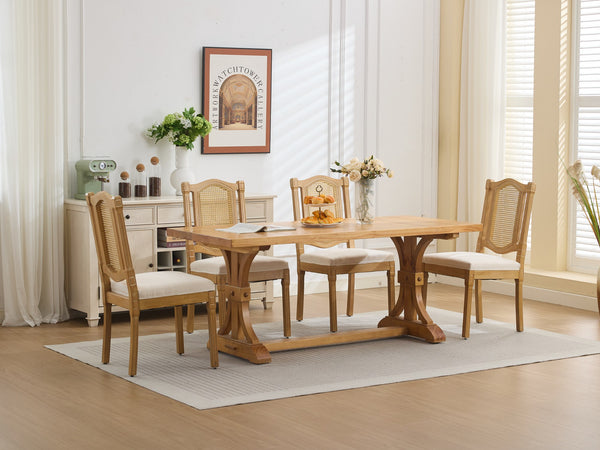 English Elm Full Solid Wood Rattan-Back Dining Chair With Comfortable Linen Cushion, Perfect For Rustic Spaces W1143P384364