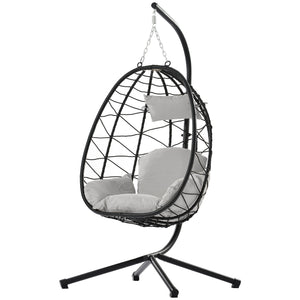 English Elm Egg Rattan Hanging Chair with Stand – All-Weather PE Wicker Swing Seat, Cozy Cushion, 350lb Capacity Light Gray W874106467