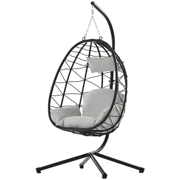 English Elm Egg Rattan Hanging Chair with Stand – All-Weather PE Wicker Swing Seat, Cozy Cushion, 350lb Capacity Light Gray W874106467
