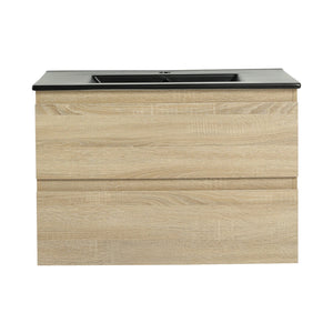 English Elm 30" Wall-Mounted Bathroom Vanity With Black Sink, Soft-Close Drawers, Modern Space-Saving Design W999S00194