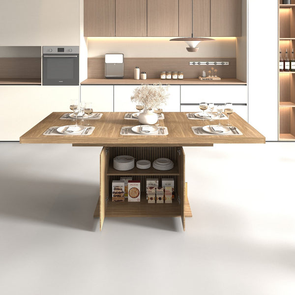 English Elm Expandable Black Brown Dining Table with Storage — Modern Extendable Minimalist Table for 6–10 Guests W1347S00014