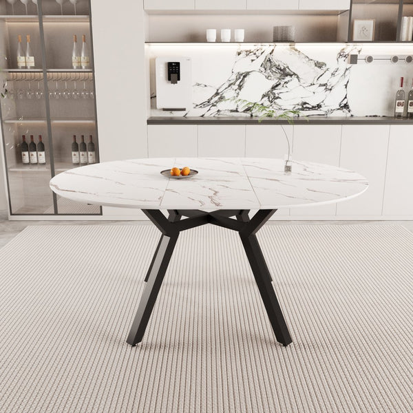 English Elm 47-63 Extendable White Round Dining Table for 4-6, MDF Top & Black Metal Legs, Modern Space-Saving Design W3732S00001