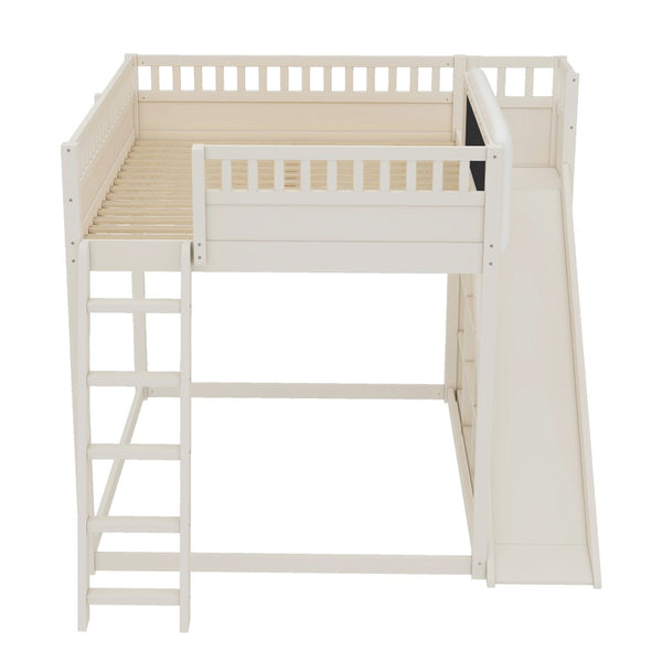 English Elm Queen Loft Bed with Upholstered Headboard Built-in Slide and Open Storage Shelves Beige W1580S00640