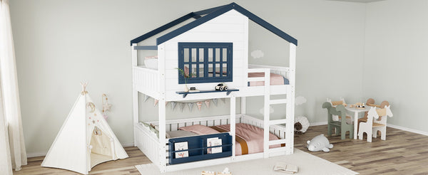 English Elm Full Bunk Bed with Trundle Bookshelf Storage Pine Frame Car Design for Kids White W1580S00552