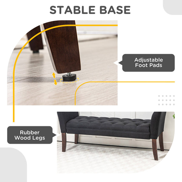 English Elm HOMCOM Tufted Upholstery Bench with Arms — Plush Linen-Feel Seat, Solid Wood Legs, Versatile Entryway seating solution Black W2225P217025