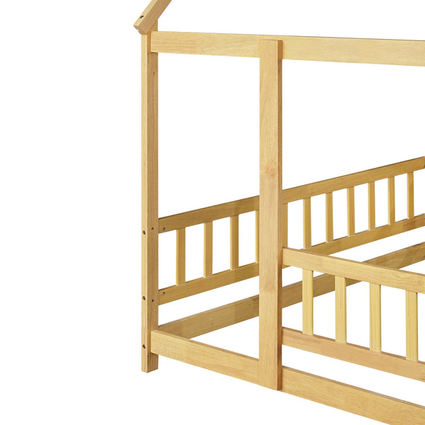 English Elm Full Size House Floor Bed With Roof Frame & Safety Guardrails - Cozy Natural Wood Design For Kids W504P286409
