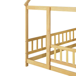 English Elm Twin House Shaped Floor Bed Solid Rubberwood Frame with Guardrails for Kids W504P370560