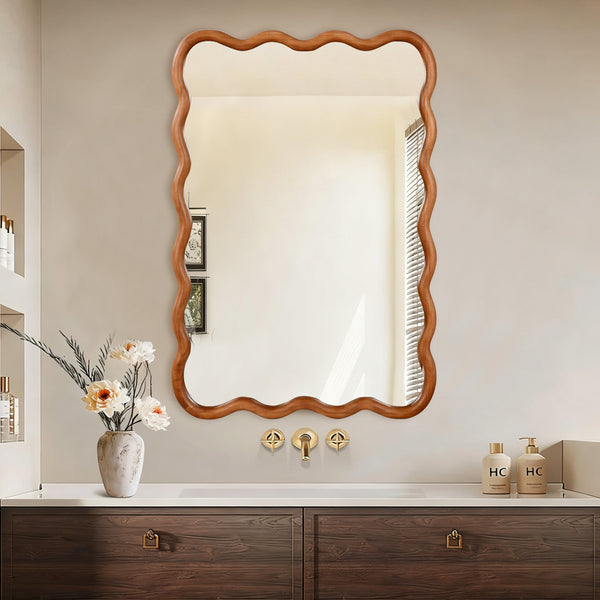 English Elm Yellowish Solid Wood 24"x36" Wavy Rectangle Mirror with Tempered Glass, Rustic Elegance for Bath & Entry W2203P389035