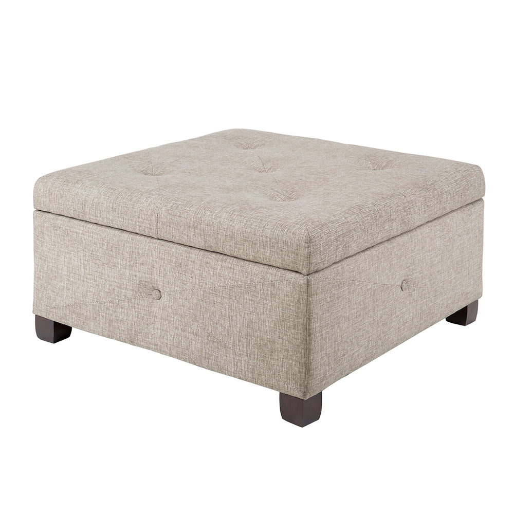 JLA Home Madison Park - Soft Storage Ottoman with Button-Tufted Top and Soft-Close Lid, Solid Wood Legs for Elegant Livingroom Sand FPF18-0255