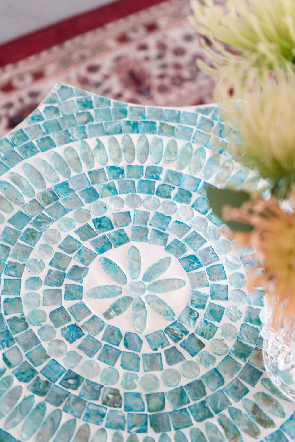 English Elm 17x17x20" Turquoise Capiz Stool with Starburst Floral Inlay — Textured Pedestal Accent Table for Living Room W2078P326533