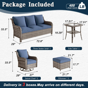 English Elm Jb Seven Piece Outdoor Wicker Seating Set with Swivel Chairs Footstools and Glass Table Grey+Blue W5382S00012