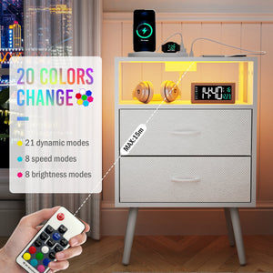 English Elm 2 Pack Modern Nightstand With Charging Station & Led Light - Stylish Fabric Drawers For Storage W1550P272169