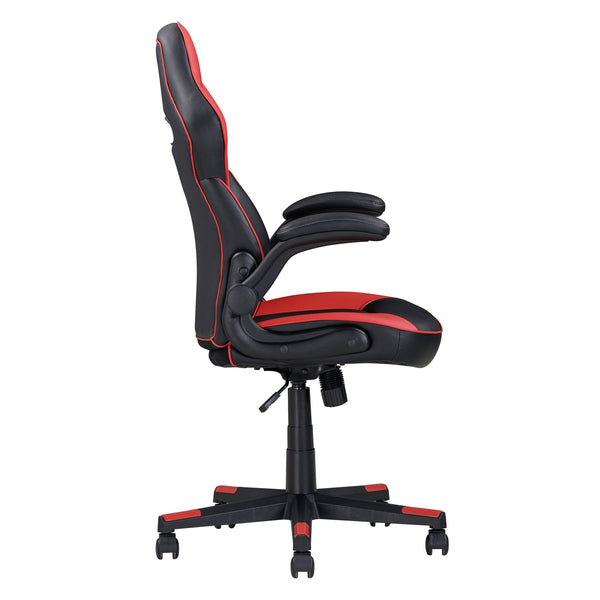 English Elm Adjustable Bonded Leather Office Chair with Butterfly Mechanism, 360° Swivel, Padded Headrest & Flip-Up Arms for Ergonomic Comfort and Productivity Black+Red 29 L x 26 W x 14 H B2741P281452