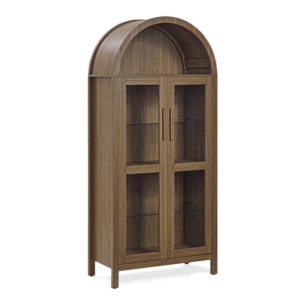English Elm A high arched storage cabinet with lamp and adjustable glass shelves, modern retro MDF poplar display cabinet with LED accent lighting for kitchen and living room storage elegance Brown W487P358611