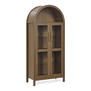 English Elm A high arched storage cabinet with lamp and adjustable glass shelves, modern retro MDF poplar display cabinet with LED accent lighting for kitchen and living room storage elegance Brown W487P358611