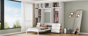 English Elm Twin Murphy Bed with Lockers & Wardrobes White — Space-Saving Foldaway Cabinet Bed w/ Shelves, Drawers and Video Guide GX000391AAK