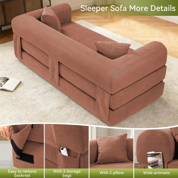 English Elm Convertible Corduroy Sleeper Sofa Queen Fold Out Bed with Dual Storage Pockets Pink W3396P483178