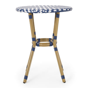 English Elm Christopher Knight Home® - FRENCH Bistro Table with Rattan Weave and Rust-Resistant Aluminum Frame, Parisian Outdoor Charm White+Blue 71421.00NBLU