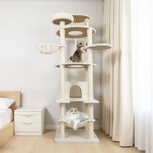 English Elm 84 Inch Tall Multi Cat Tower with Sisal Posts Hammock Triple Condos and Top Perch W243P382885