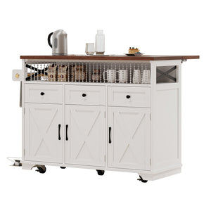 English Elm K&K 46.5'' Farmhouse Kitchen Island Cart with Beaded Drapes, Drop Leaf, Power Hub, Ample Storage White N707P254872W