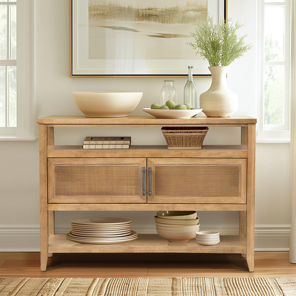 JLA Home Martha Stewart - 2 Door Storage Console Table by Martha Stewart Lily Pond — Cane-Front, Toasted Almond Finish, Ample Storage, Stable Assembly MT120-1201