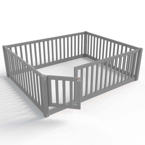 English Elm Twin Floor Bed Pine Wood Frame with Guardrails and Door for Safe Toddler Sleep Gray W1580P418052