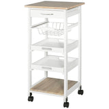 English Elm Homcom Mobile Kitchen Cart, Rolling Kitchen Island With Storage, Solid Wood Frame Utility Cart With Wire Fruit Baskets, Trays and Drawer, White