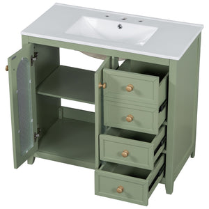English Elm 36-inch ceramic basin vanity with patterned glass doors, gold round handles & ample storage drawers Green N729P184710F