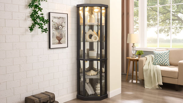 English Elm Lighted Corner Curio Cabinet - Stunning Display Case With Built-In Lighting For Antiques & Wine Storage W1758P300102