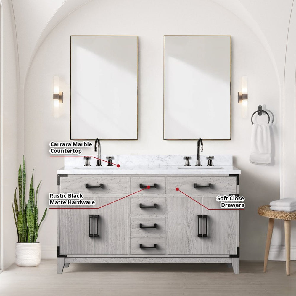 English Elm White Oak Double Bath Vanity With Carrara Marble Top, Chrome Faucets, Mirrors & Ample Storage B2731S01854-GIGA