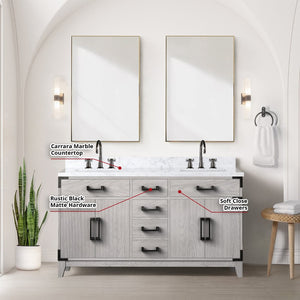 English Elm White Oak Double Bath Vanity With Carrara Marble Top, Chrome Faucets, Mirrors & Ample Storage B2731S01854-GIGA