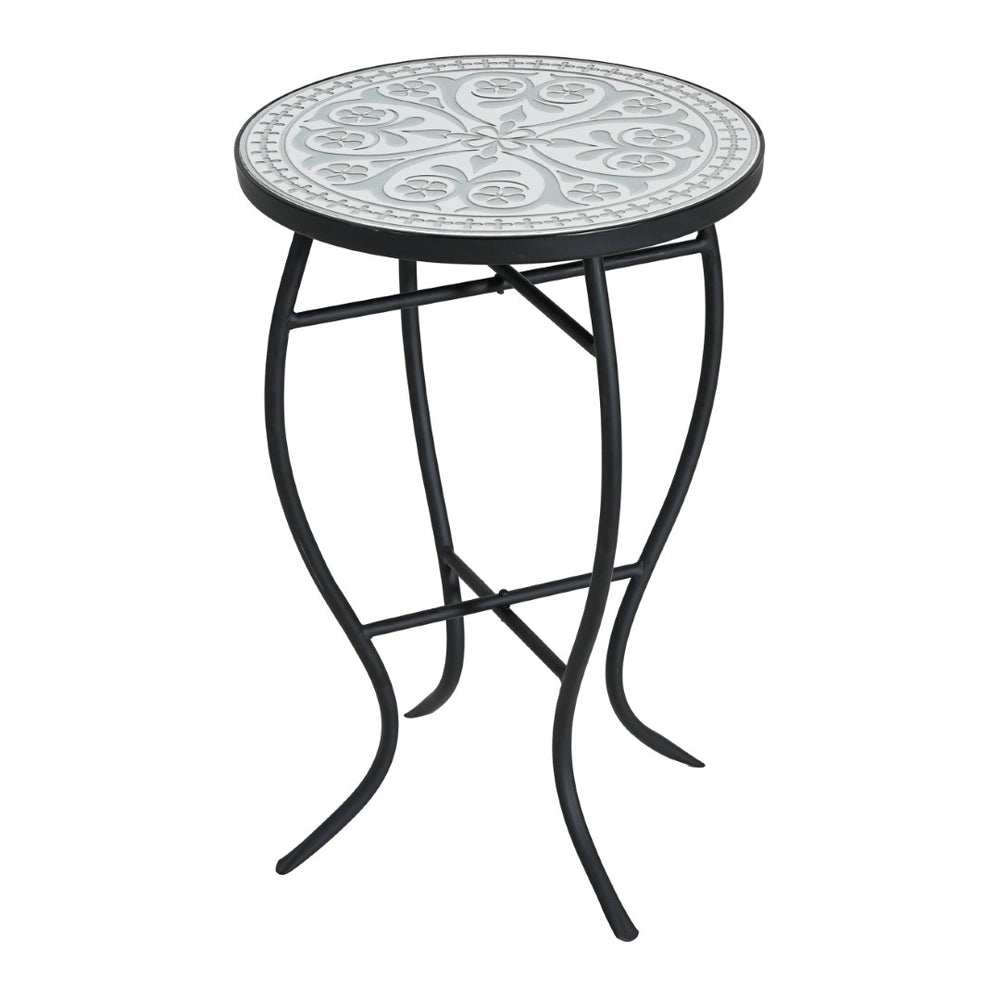 English Elm Outdoor Mosaic Ceramic Tile Round Side Table with Curved Wrought Iron Patio Accent Grey+Black N773P365597G