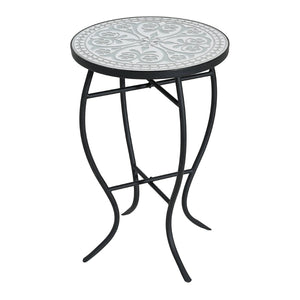 English Elm Outdoor Mosaic Ceramic Tile Round Side Table with Curved Wrought Iron Patio Accent Grey+Black N773P365597G