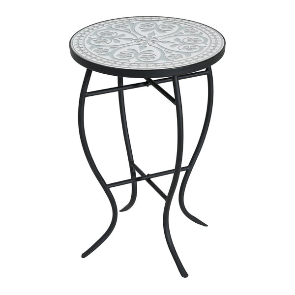 English Elm Outdoor Mosaic Ceramic Tile Round Side Table with Curved Wrought Iron Patio Accent Grey+Black N773P365597G